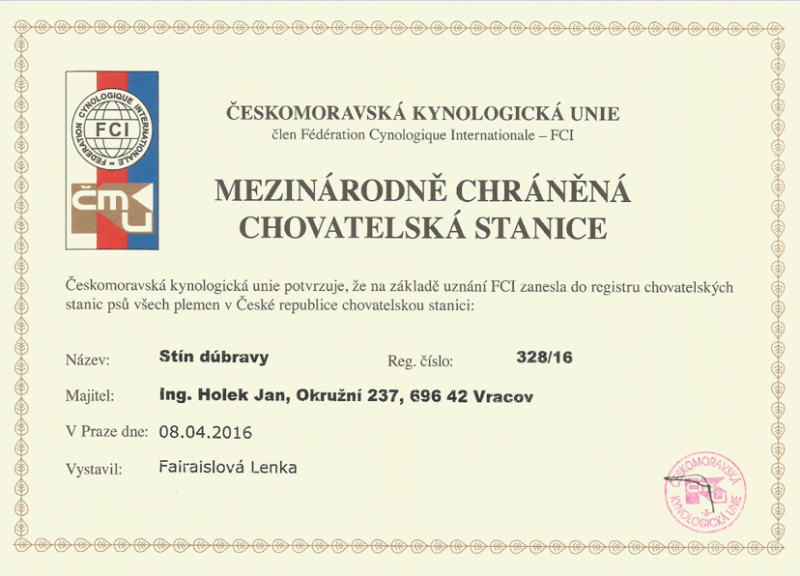 Chovatelská stanice certifikát